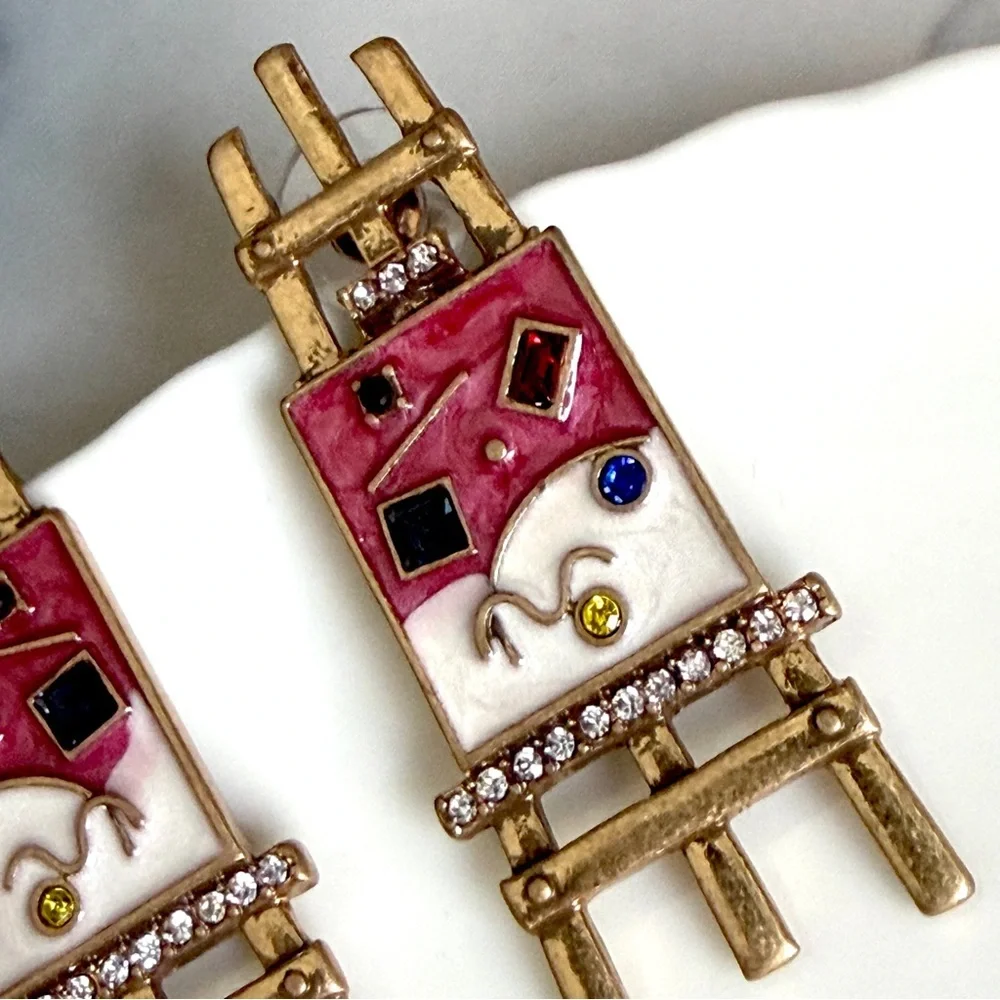 Artist’s Easel Painting Enamel Earrings Stone Vintage Style Antiqued Gold NEW